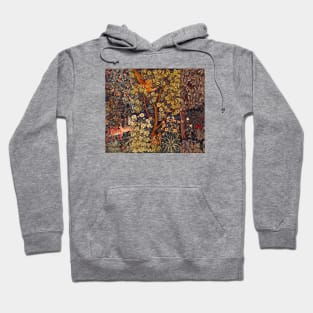 GREENERY,FOREST ANIMALS Pheasant on Autumn Tree,Squirrel,Hares,Red Yellow Floral Tapestry Hoodie